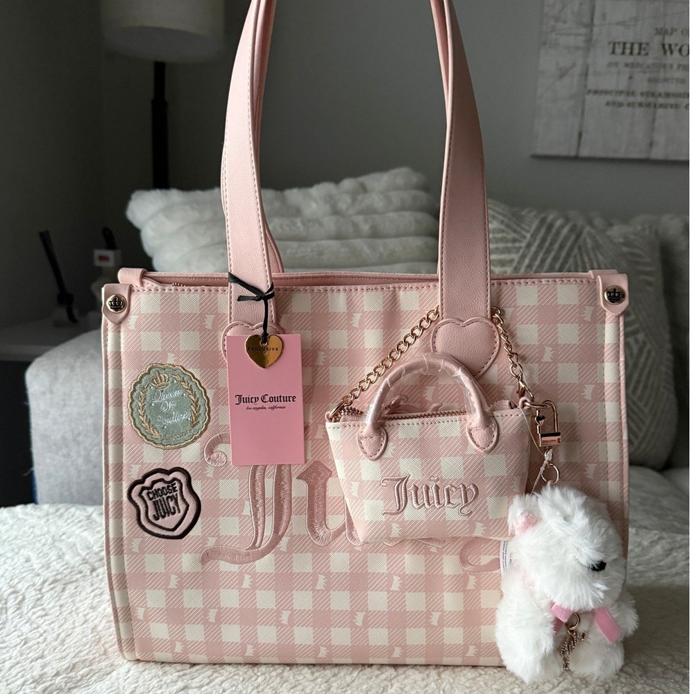 Juicy‎ Couture Pink Gingham Tote Bag Queen of Couture Bear Charm NWT